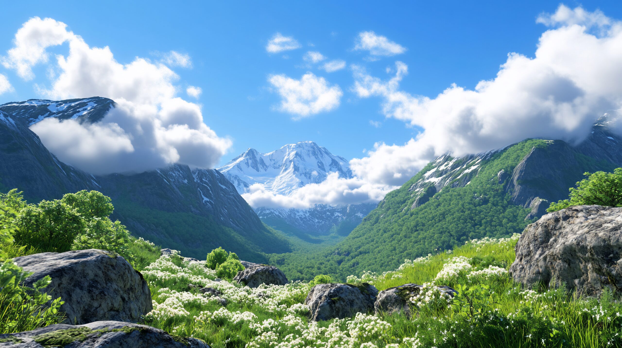 a serene mountain landscape with lush greenery and snowy peaks.
